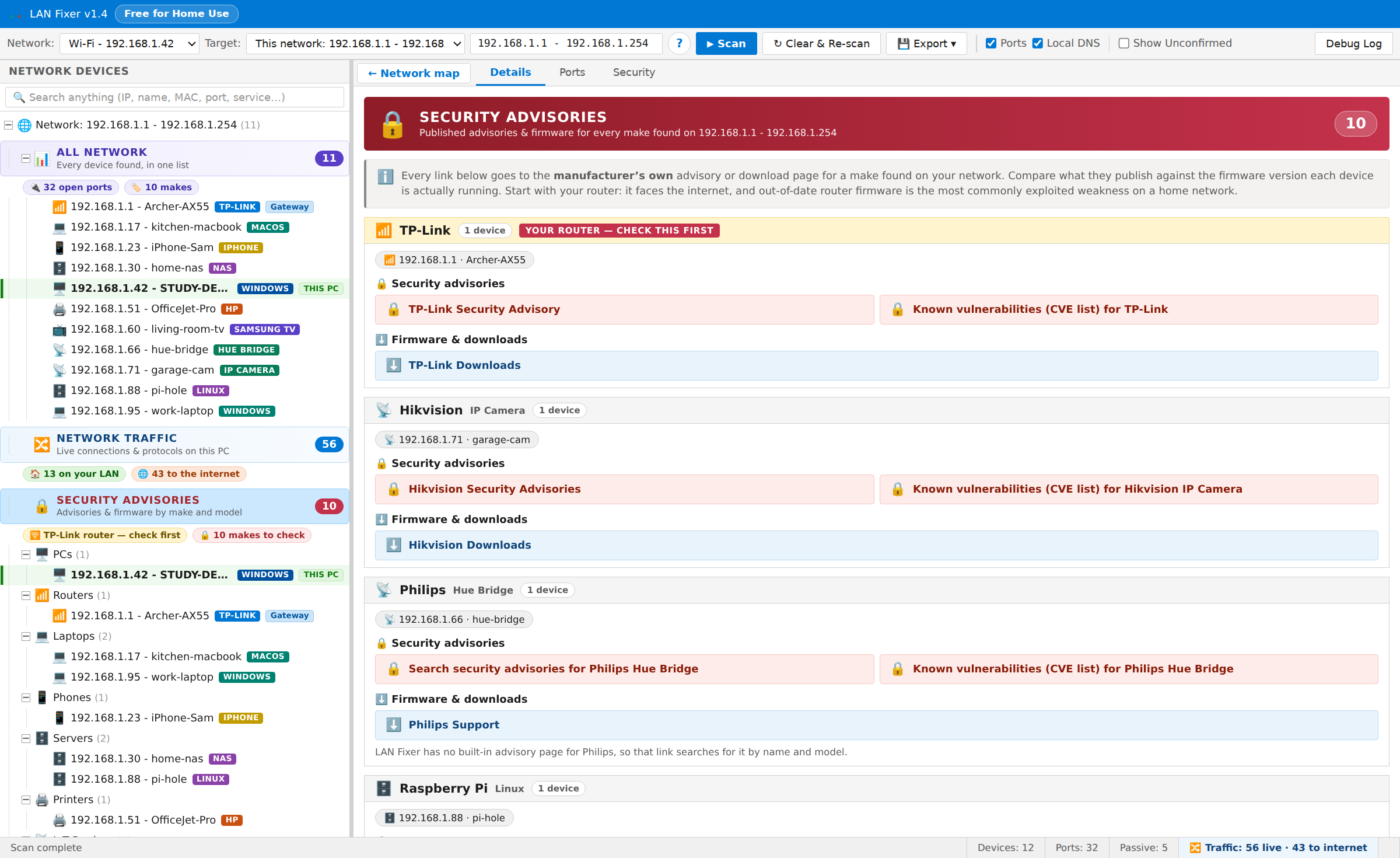 Published advisories and firmware links for every manufacturer found on the network