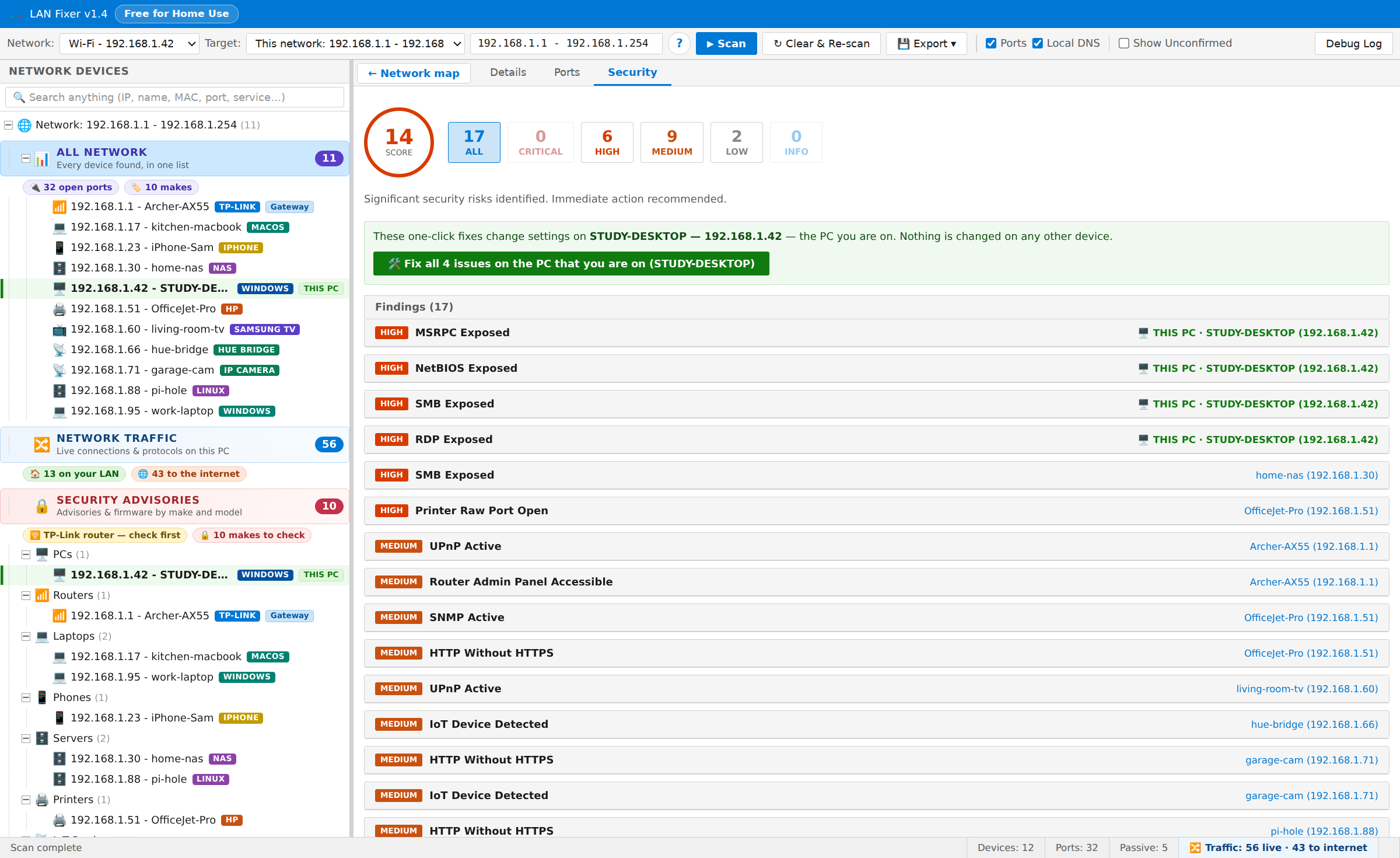The Security tab: a score out of 100, a severity breakdown, and findings written in plain English